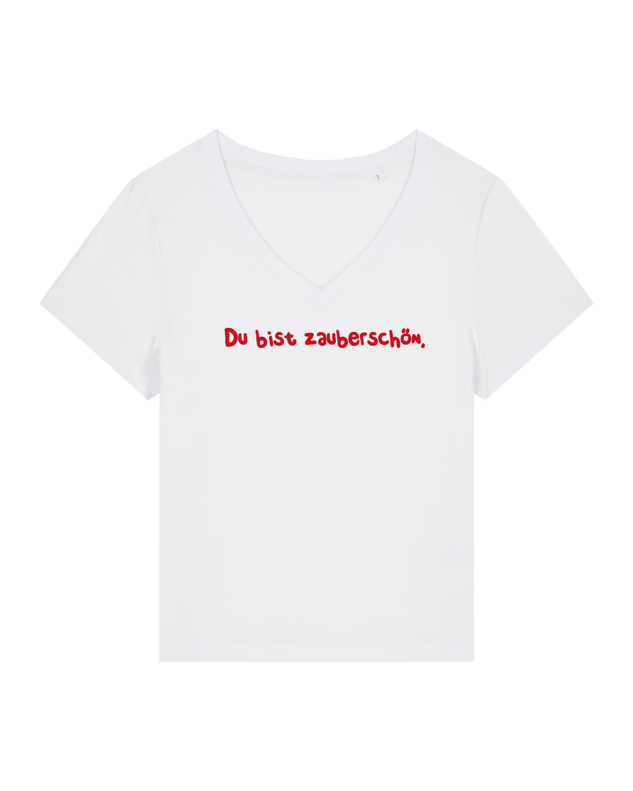 T-Shirt Frauen, V-Ausschnitt, Frau Zauberschön, Weiß / Rot