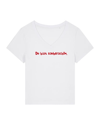 T-Shirt Frauen, V-Ausschnitt, Frau Zauberschön, Weiß / Rot