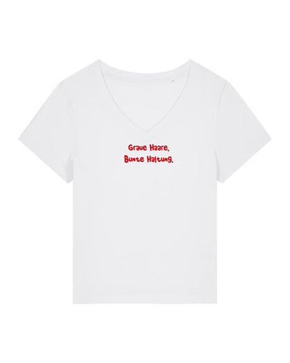 T-Shirt Frauen, V-Ausschnitt, Frau Zauberschön, Weiß / Rot