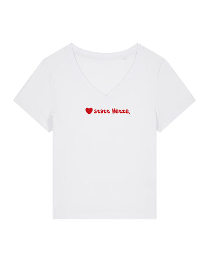 T-Shirt Frauen, V-Ausschnitt, Frau Zauberschön, Weiß / Rot