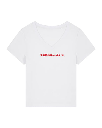 T-Shirt Frauen, V-Ausschnitt, Frau Zauberschön, Weiß / Rot