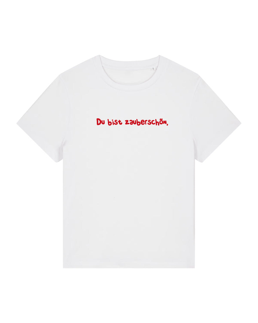 T-Shirt Unisex, Frau Zauberschön, Weiß / Rot
